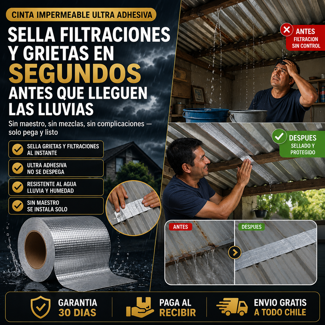 SELLA FILTRACIONES Y GRIETAS EN SEGUNDOS ANTES QUE LLEGUEN LAS LLUVIAS: Sin maestro, sin mezclas, solo pega y listo